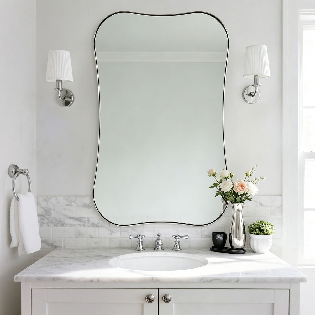 Contemporary Dual  Concave Edge Rouded Scalloped Rectangle Wall Mirror | Stainless Steel Frame