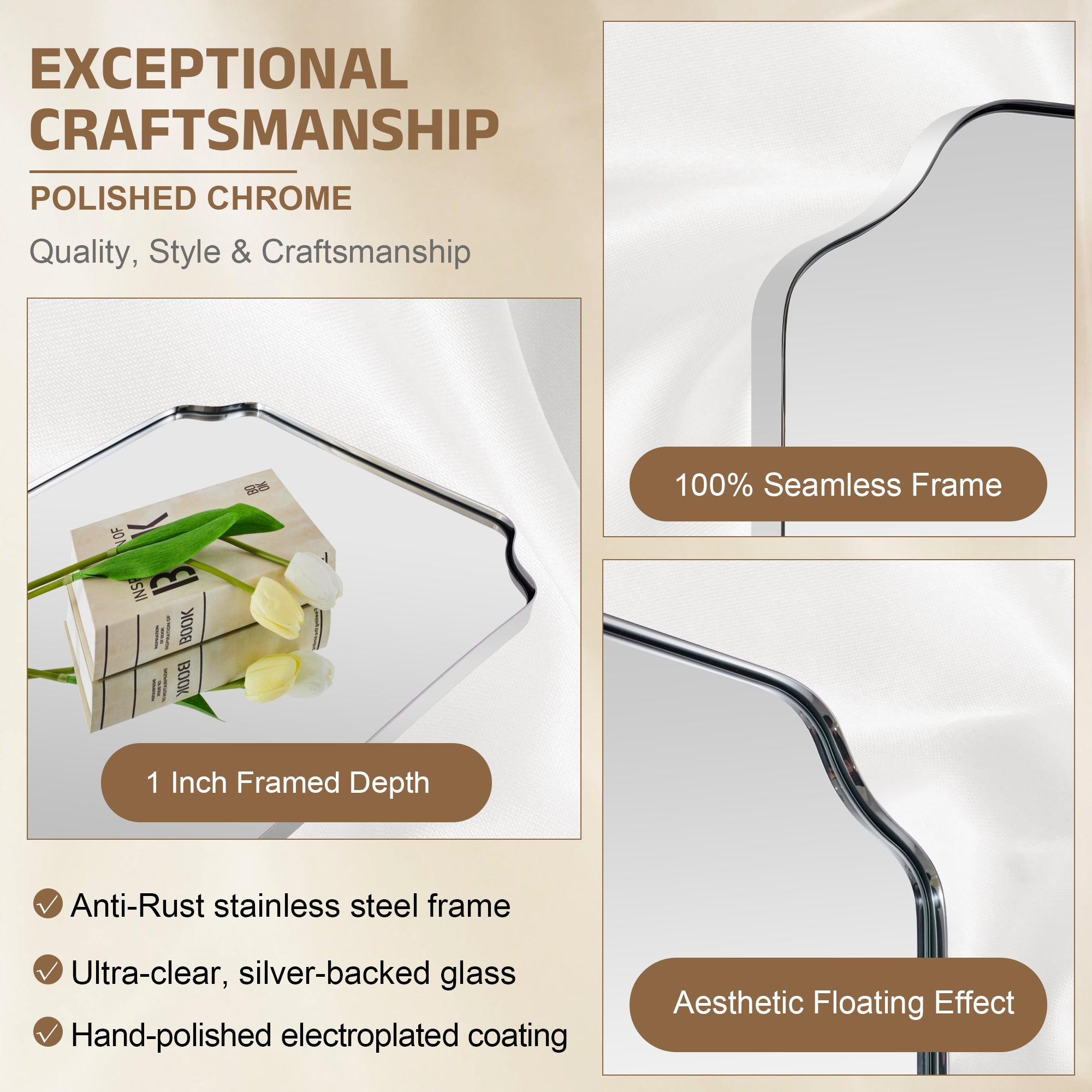 Contemporary Notched Corner Rectangle Scalloped Mirror for Wall /Bathroom | Stainless Steel Frame