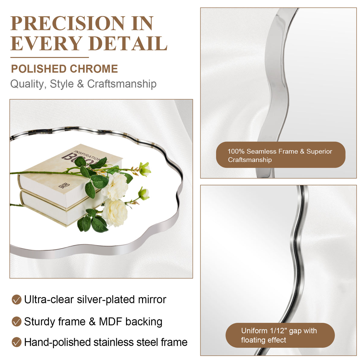 Contemporary Round Scalloped Mirror Wavy Circle Bathroom Vanity Mirror | Stainless Steel Frame