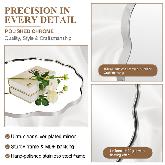 Contemporary Round Scalloped Mirror Wavy Circle Bathroom Vanity Mirror | Stainless Steel Frame