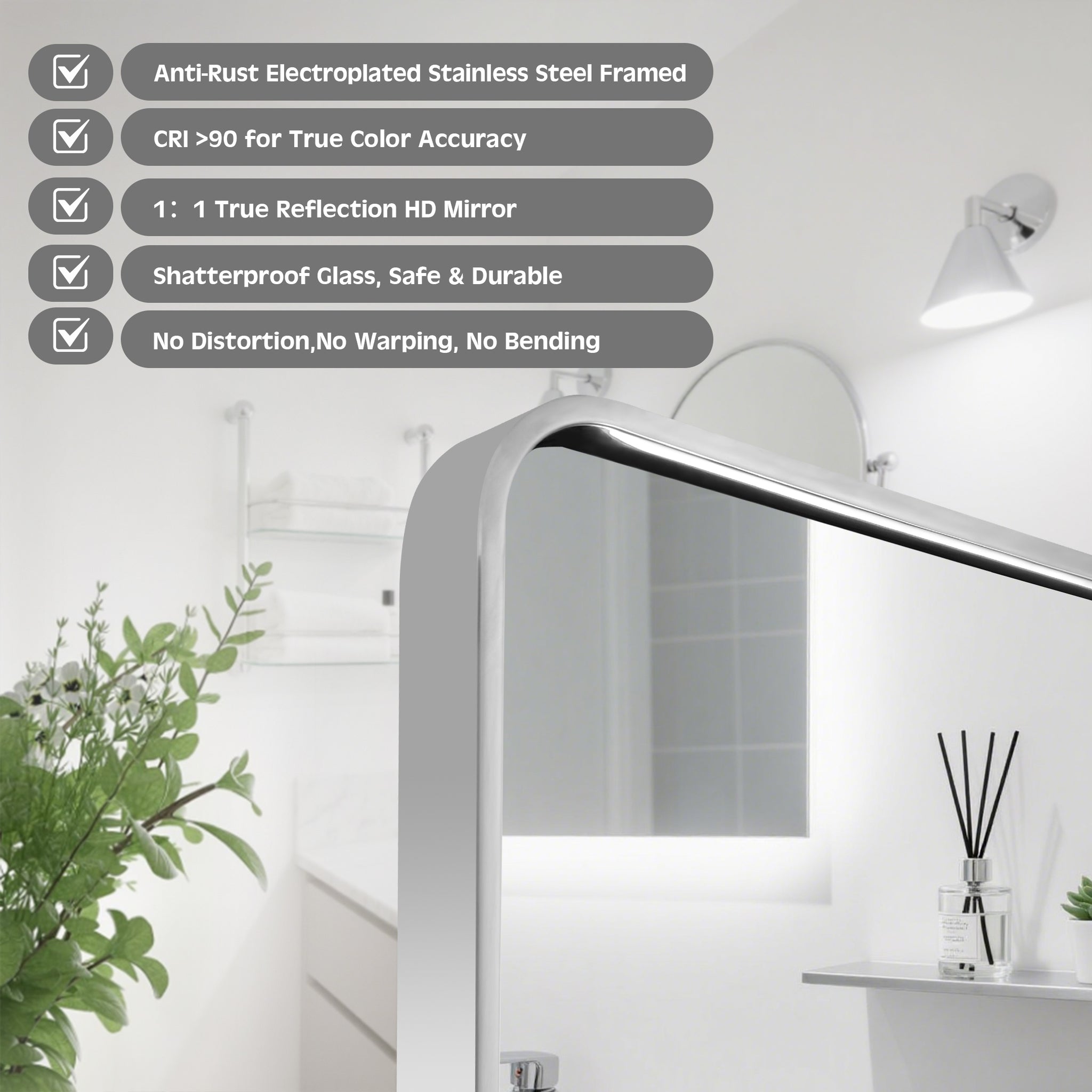 Contemporary Rounded Rectangular Bathroom Wall Mirror |Thicker Stainless Steel Framed