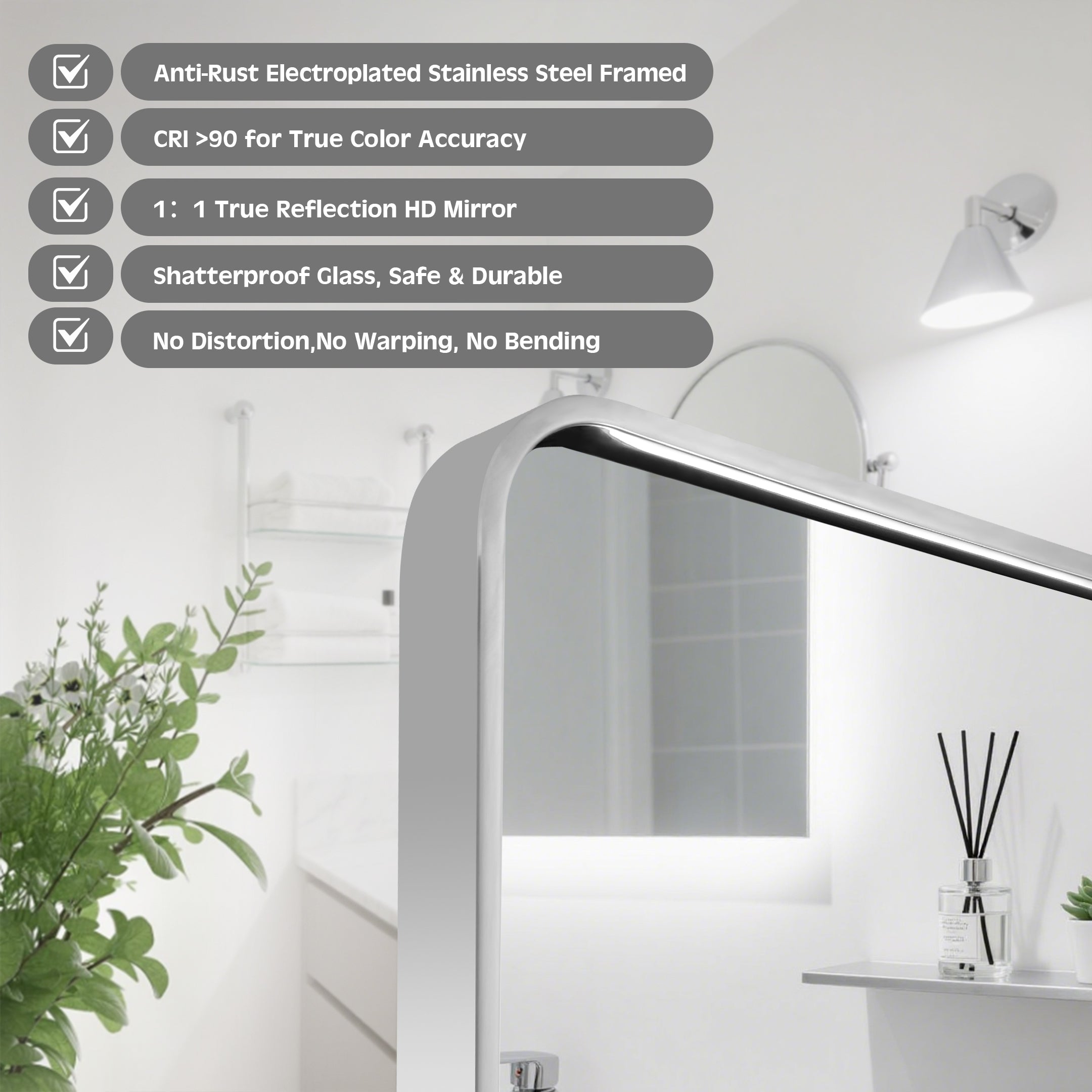 Modern Bold Stainless Steel Framed Rounded Rectangular Bathroom Wall Mirror