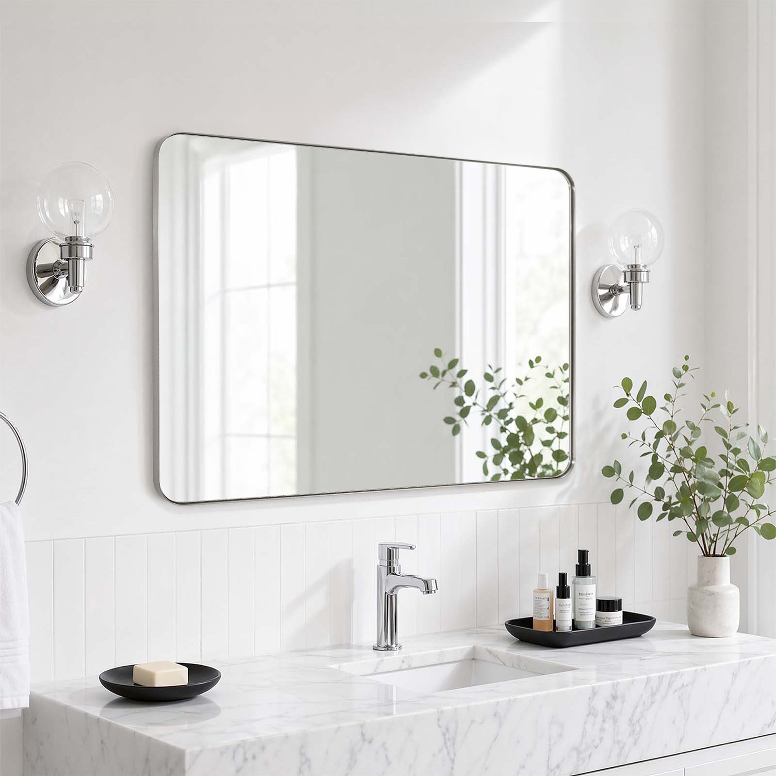 Modern Rounded Rectangle Mirror for Bathroom/ Vanity/ Wall | Stainless Steel Frame