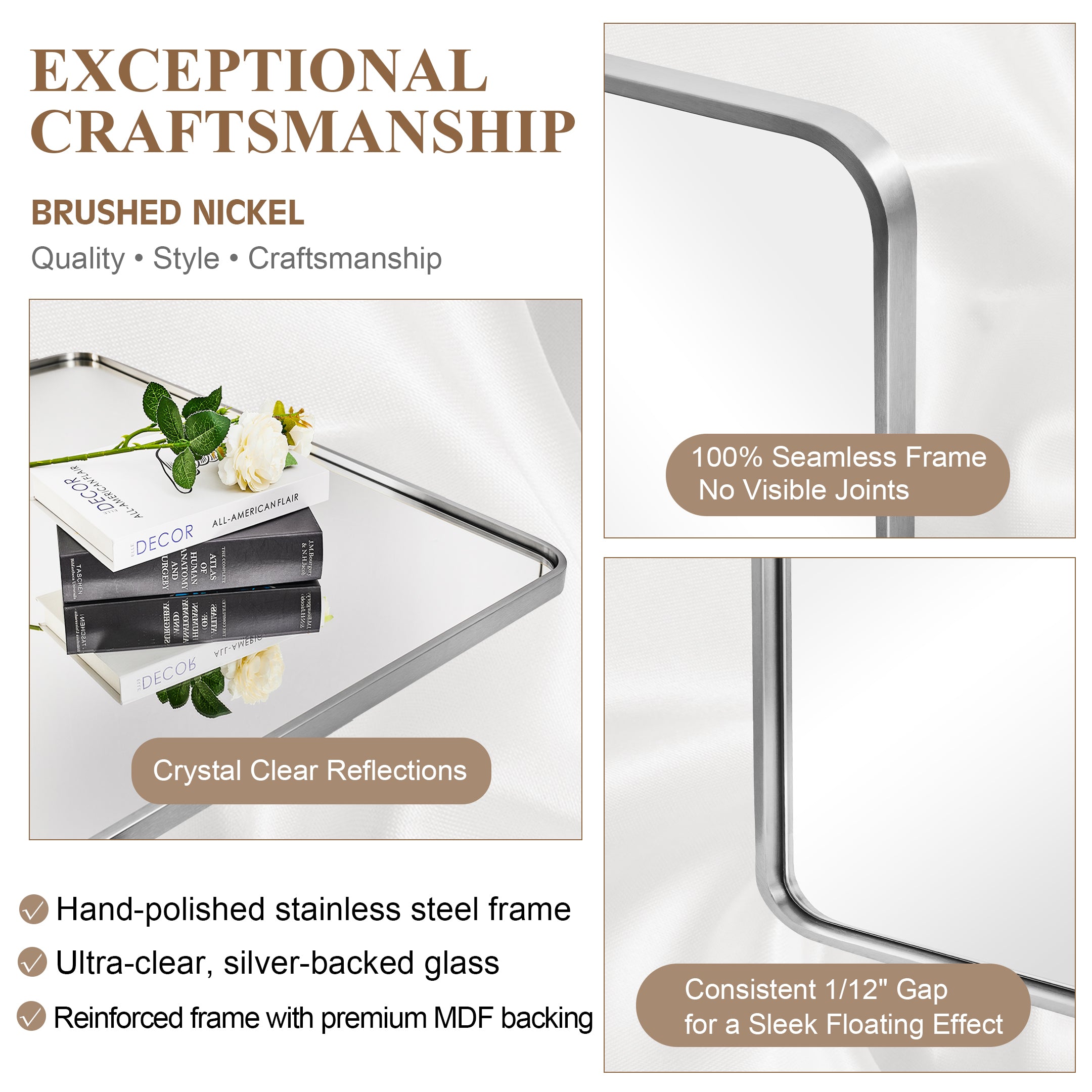 Modern Bold Stainless Steel Framed Rounded Rectangular Bathroom Wall Mirror