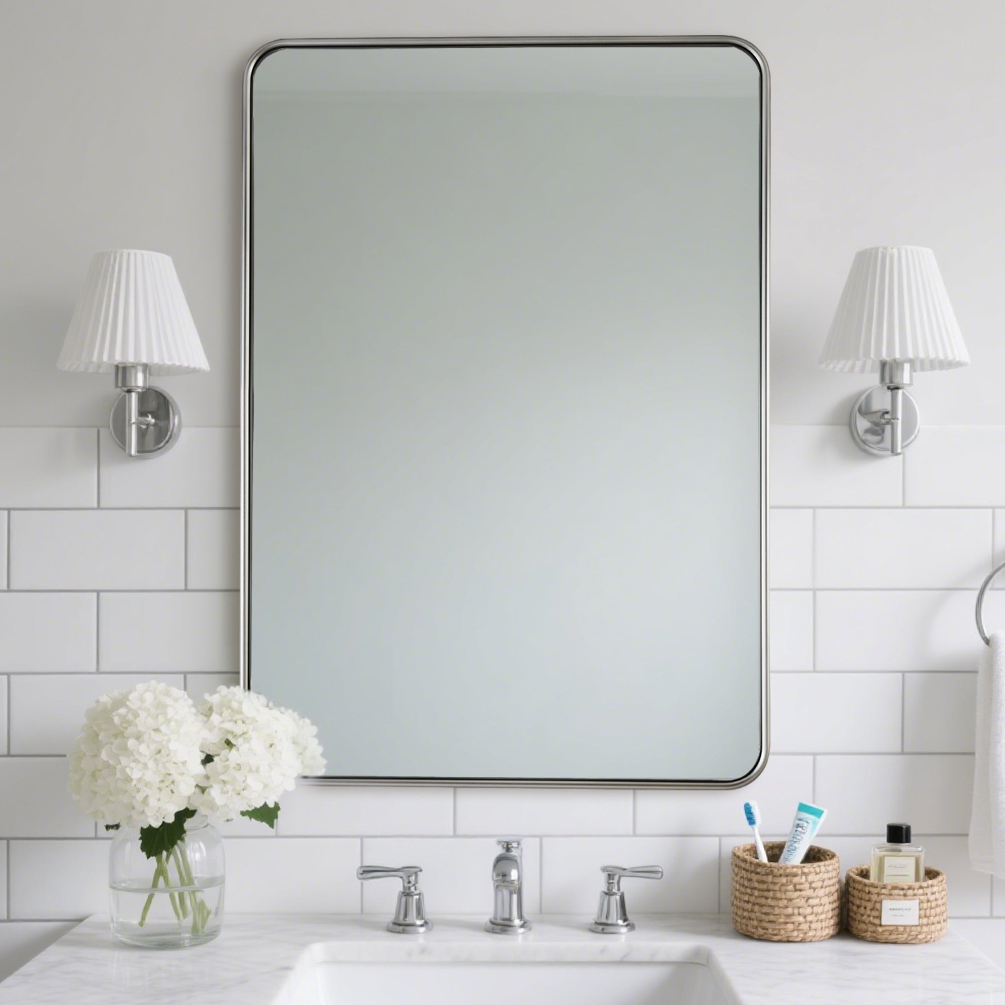 Contemporary Rounded Rectangular Bathroom Mirrors| Stainless Steel Thick Frame