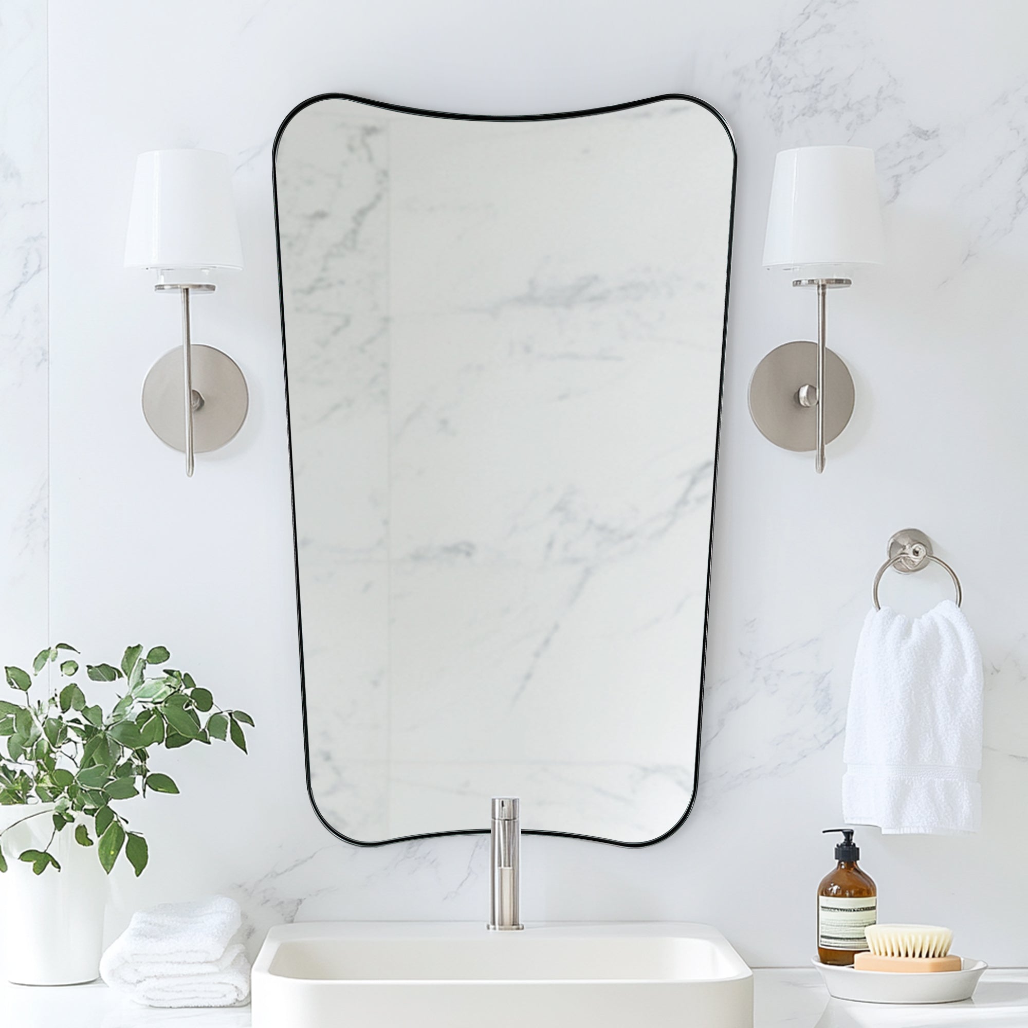 Contemporary Concave Scalloped Irregular Wall Mirror for Bathroom  |Stainless Steel Frame