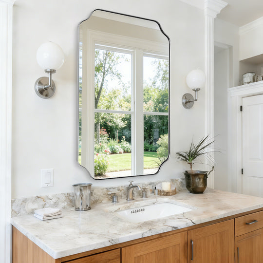 Contemporary Notched Corner Rectangle Scalloped Mirror for Wall /Bathroom | Stainless Steel Frame