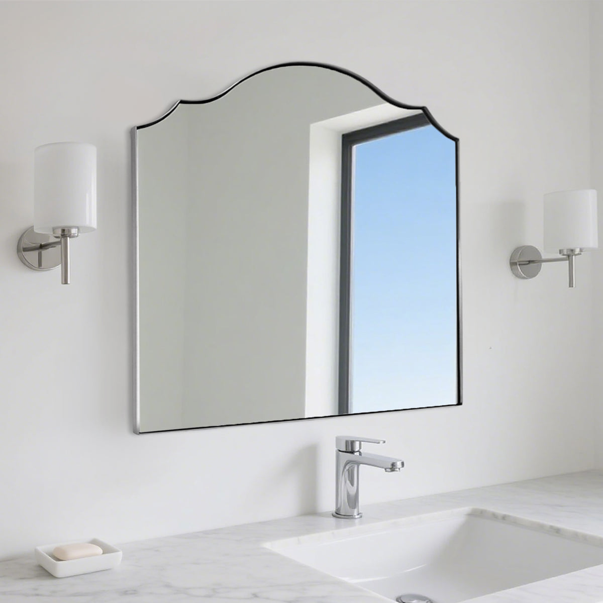 Contemporary Arched Curved Scalloped Mirror Bathroom Vanity Mirror | Stainless Steel Frame