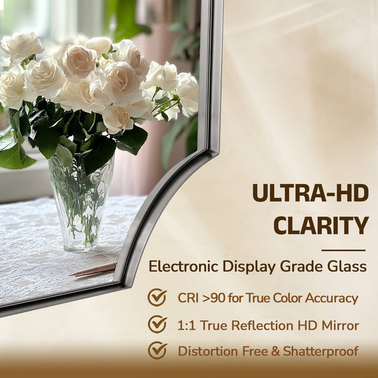 Contemporary Notched Corner Scalloped  Rectangle Bathroom Vanity Mirror | Stainless Steel Frame