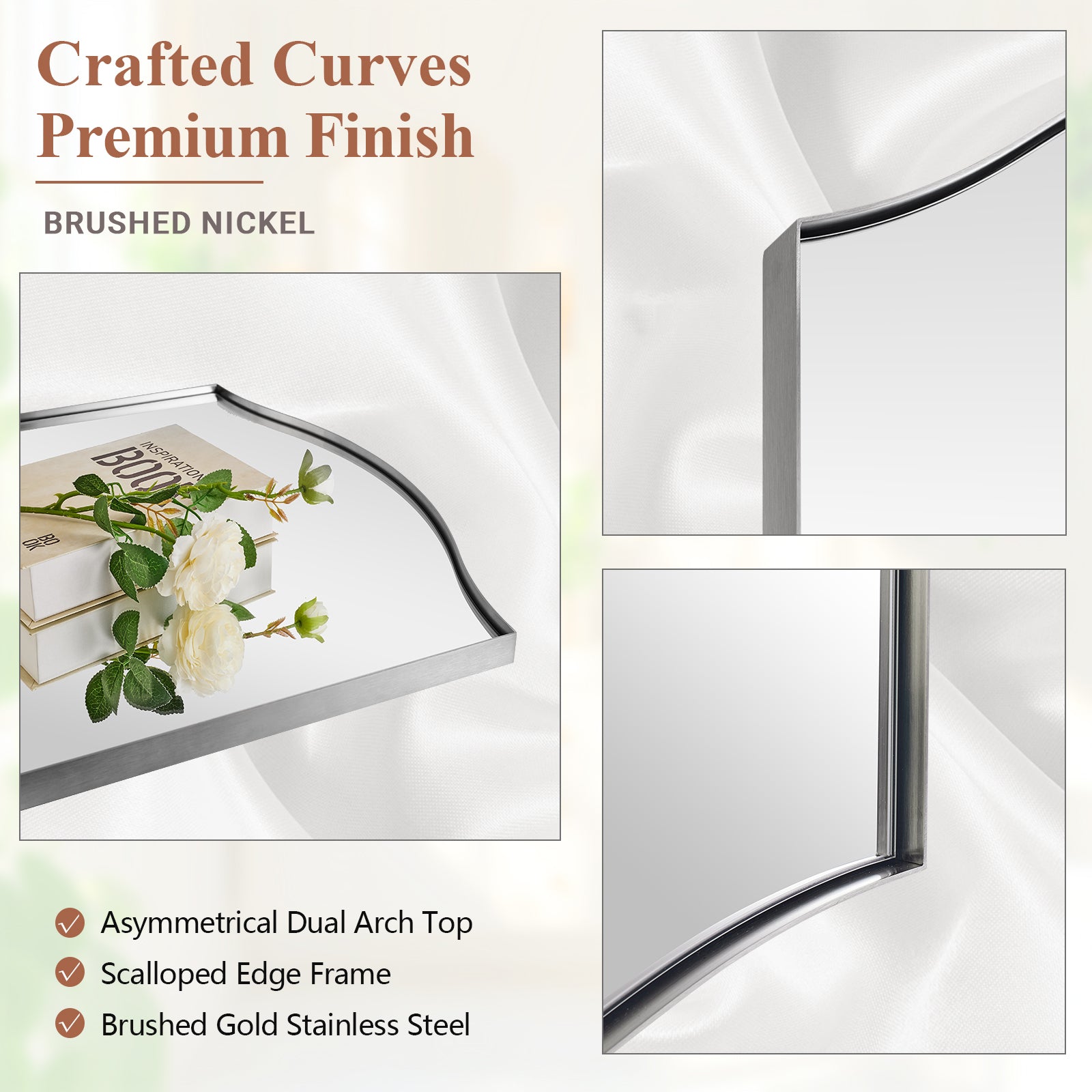 Curve Dual Arch Rectangular Scalloped  Bathroom Wall Mirror Brushed Gold |Stainless Steel Framed