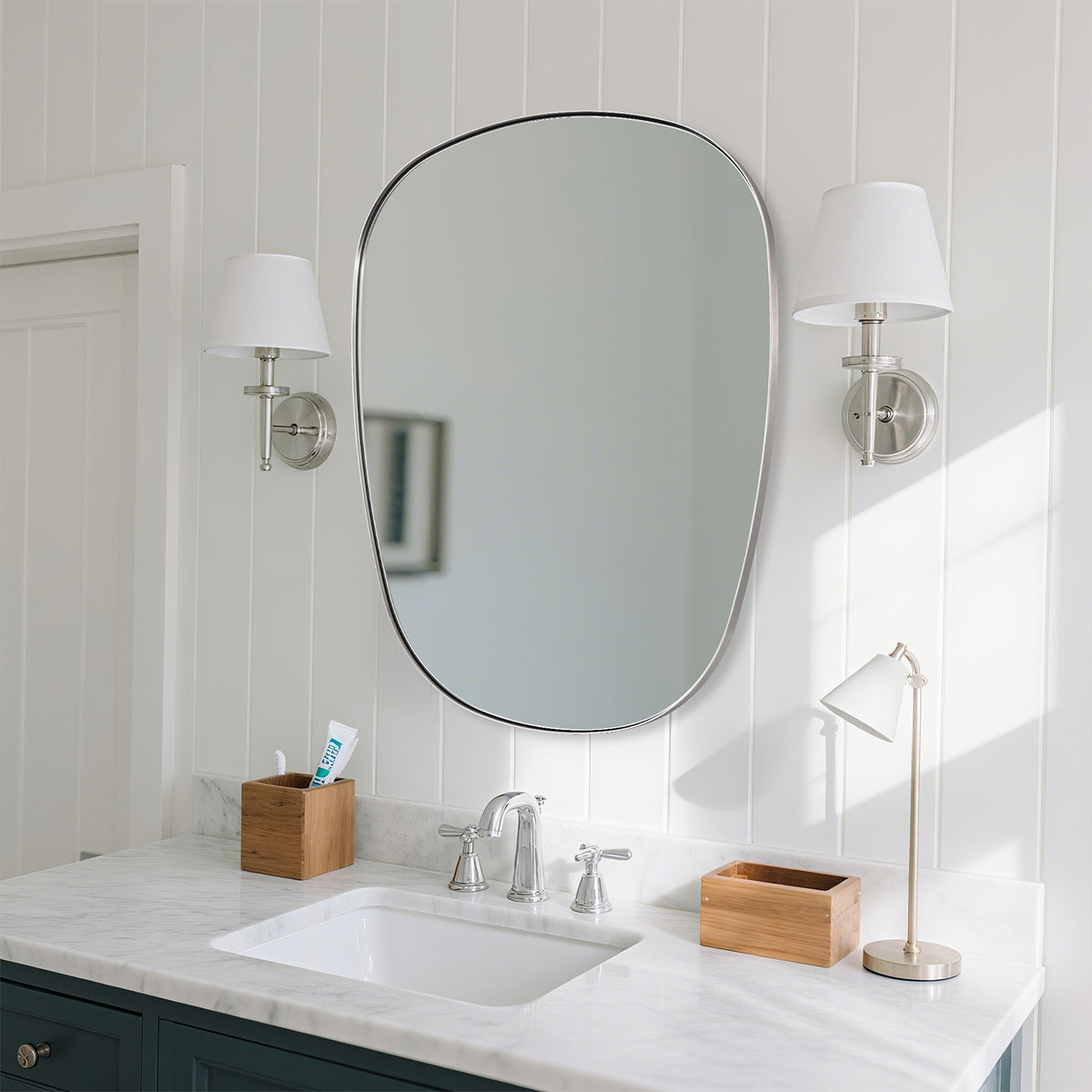 Contemporary Irregular Pebble Organic  Bathroom Wall Mirror Asymmetric Decorative Mirror | Stainless Steel Frame