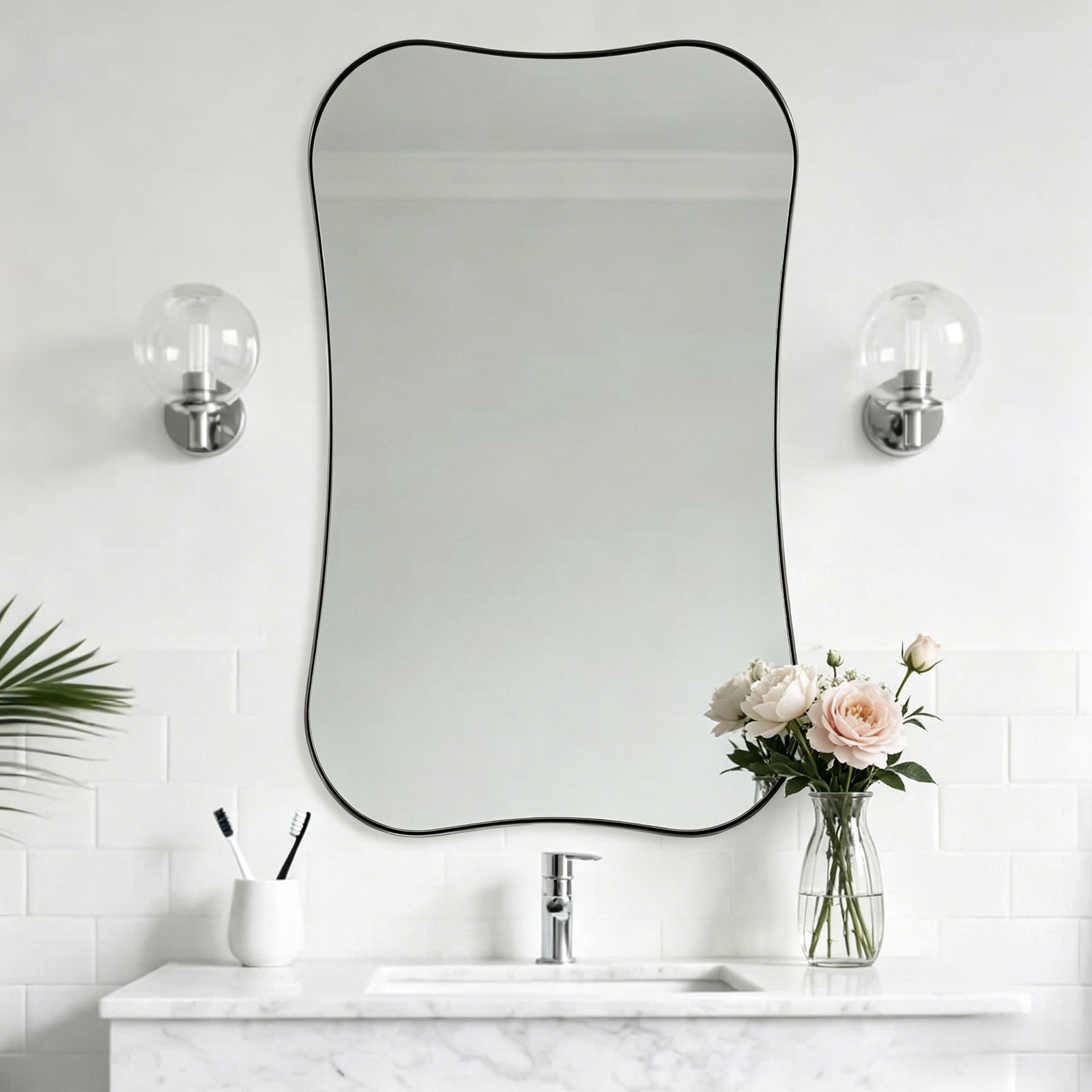 Contemporary Dual  Concave Edge Rouded Scalloped Rectangle Wall Mirror | Stainless Steel Frame