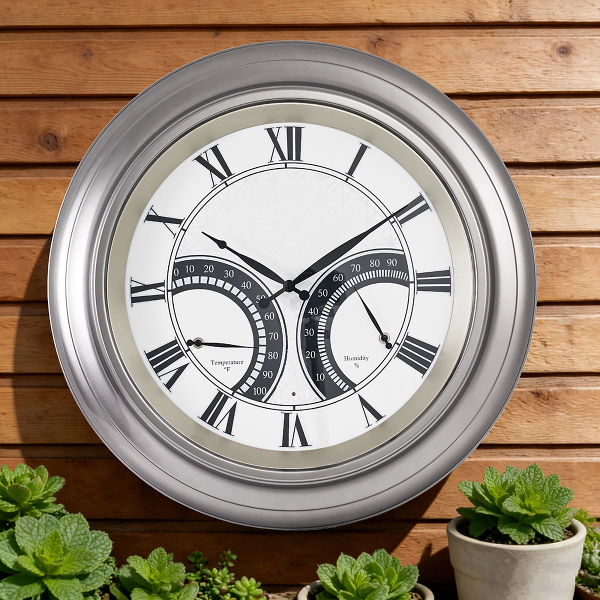 24 Inch Outdoor Wall Clock Large Waterproof Illuminated Clock with Thermometer,Geometric Dial