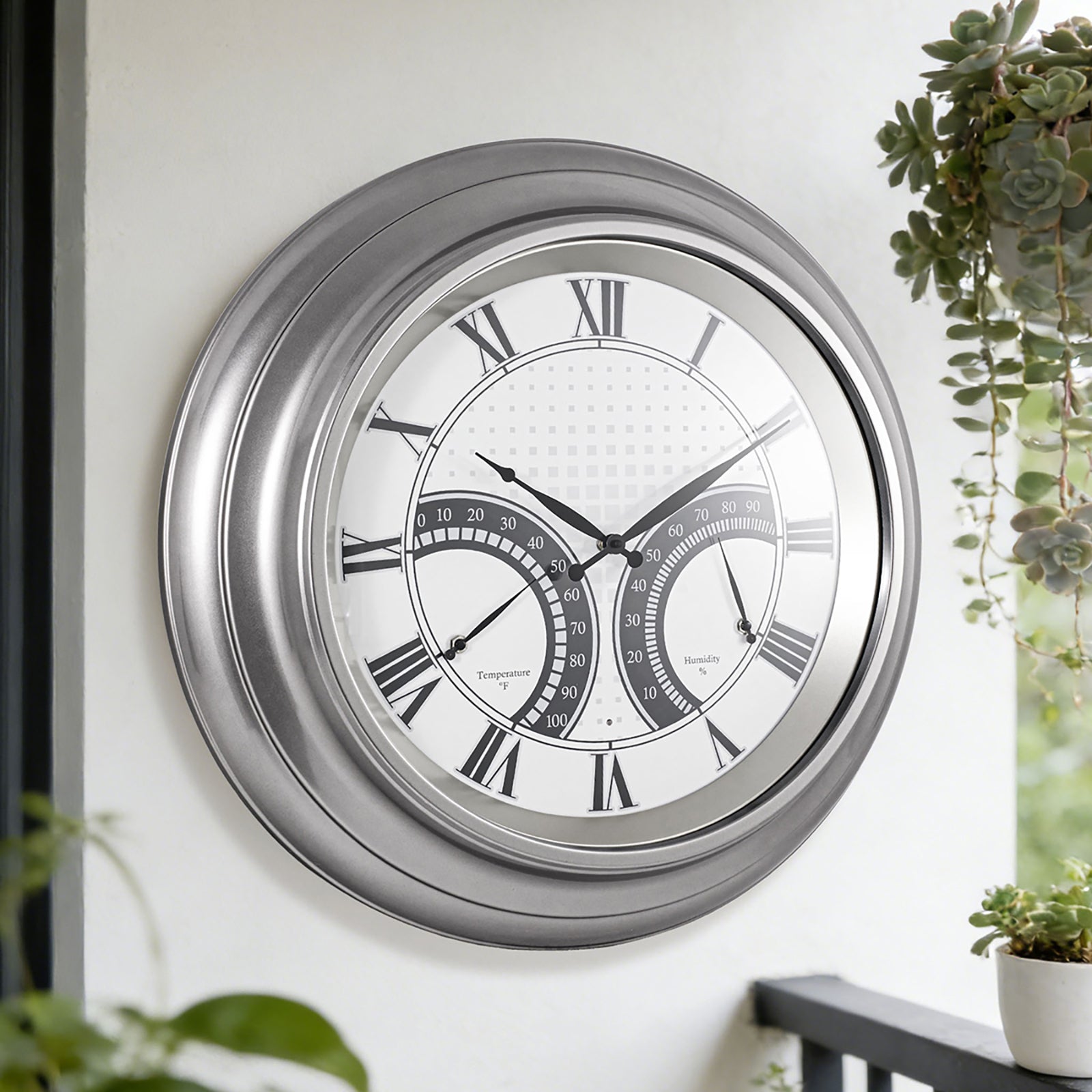 24 Inch Outdoor Wall Clock Large Waterproof Illuminated Clock with Thermometer,Square Grid Dial