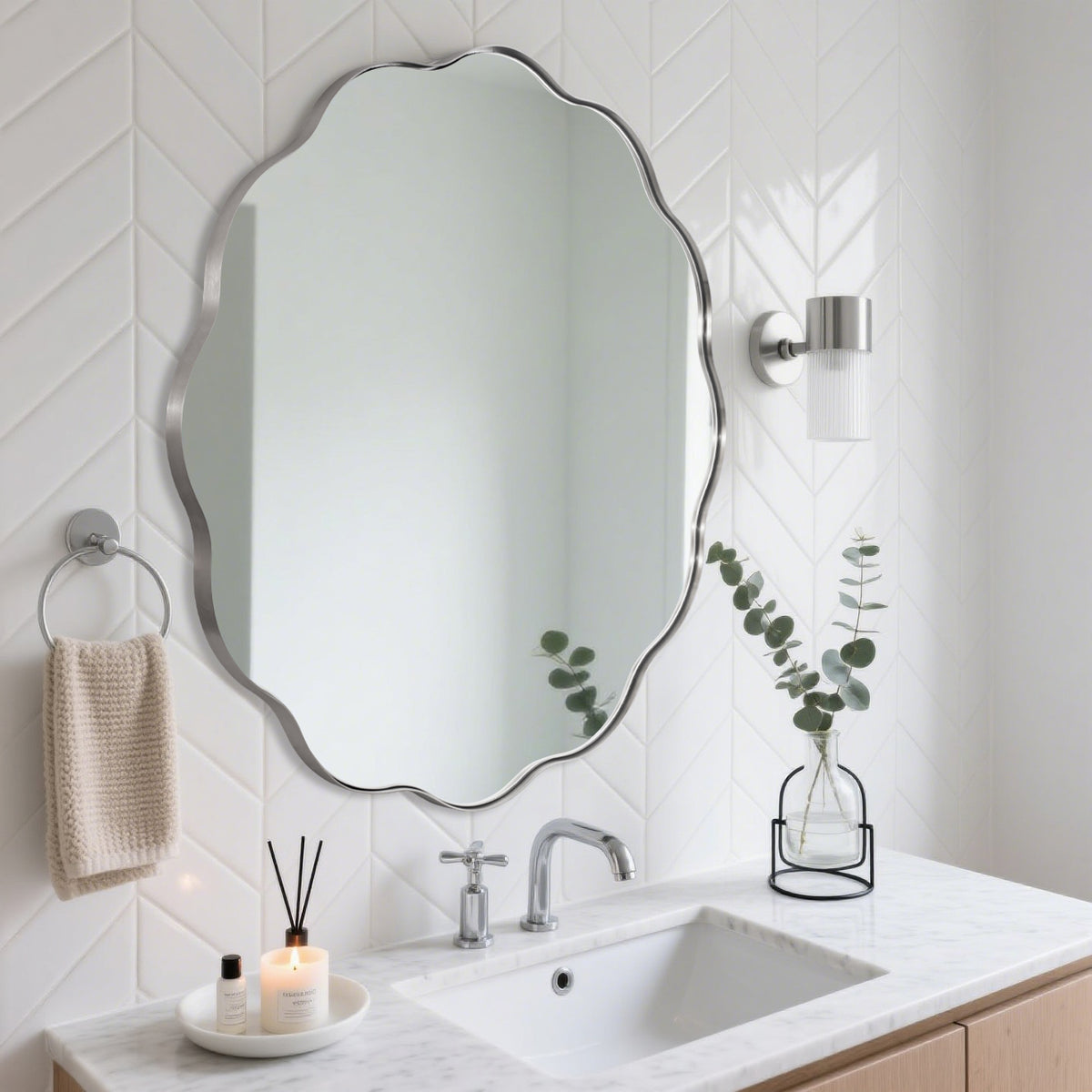 Contemporary Round Scalloped Mirror Wavy Circle Bathroom Vanity Mirror | Stainless Steel Frame