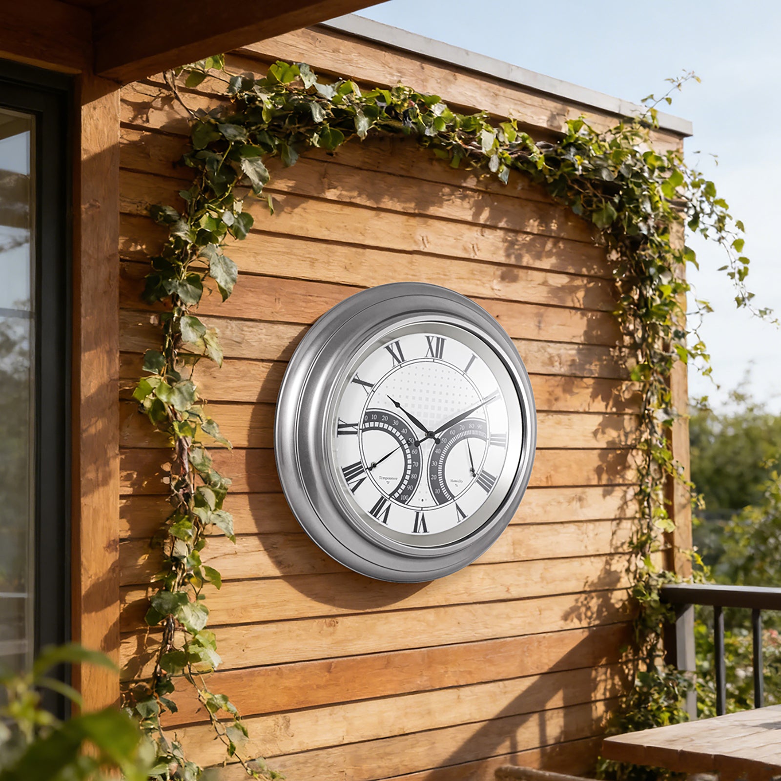 24 Inch Outdoor Wall Clock Large Waterproof Illuminated Clock with Thermometer,Square Grid Dial