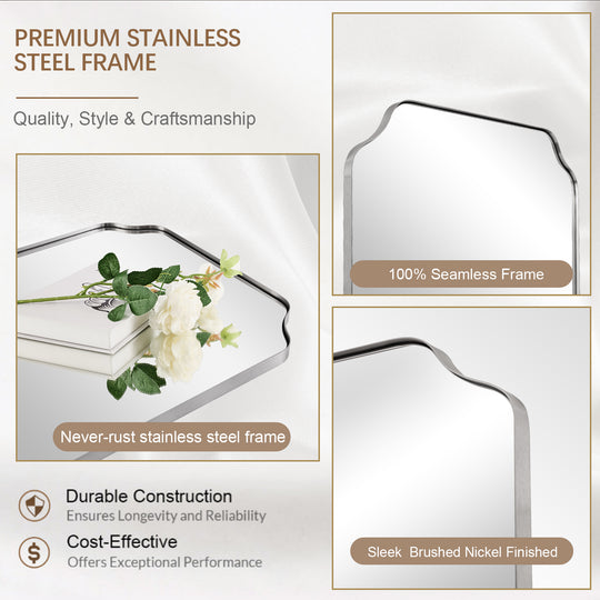 Contemporary Rounded Notched Corner Irregular Scalloped Mirror for Wall /Bathroom | Stainless Steel Frame