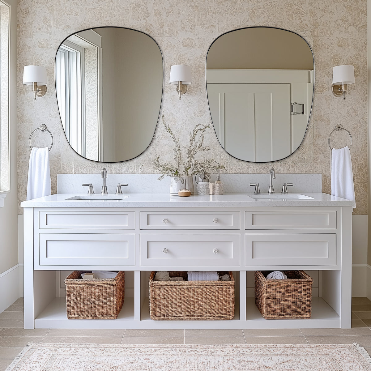 Contemporary Irregular Pebble Organic  Bathroom Wall Mirror Asymmetric Decorative Mirror | Stainless Steel Frame