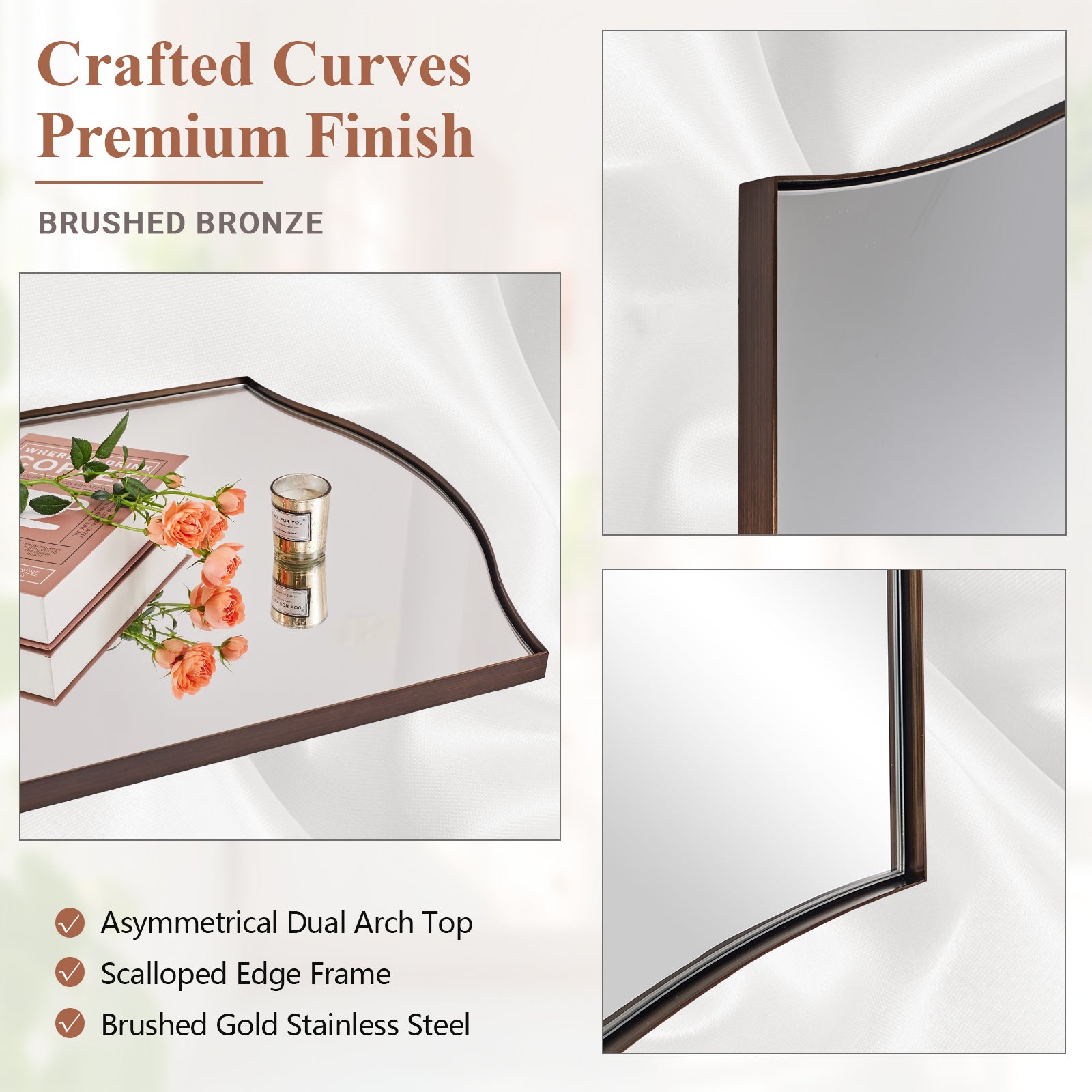 Dual Curve Arch Rectangular Scalloped  Bathroom Wall Mirror |Stainless Steel Framed