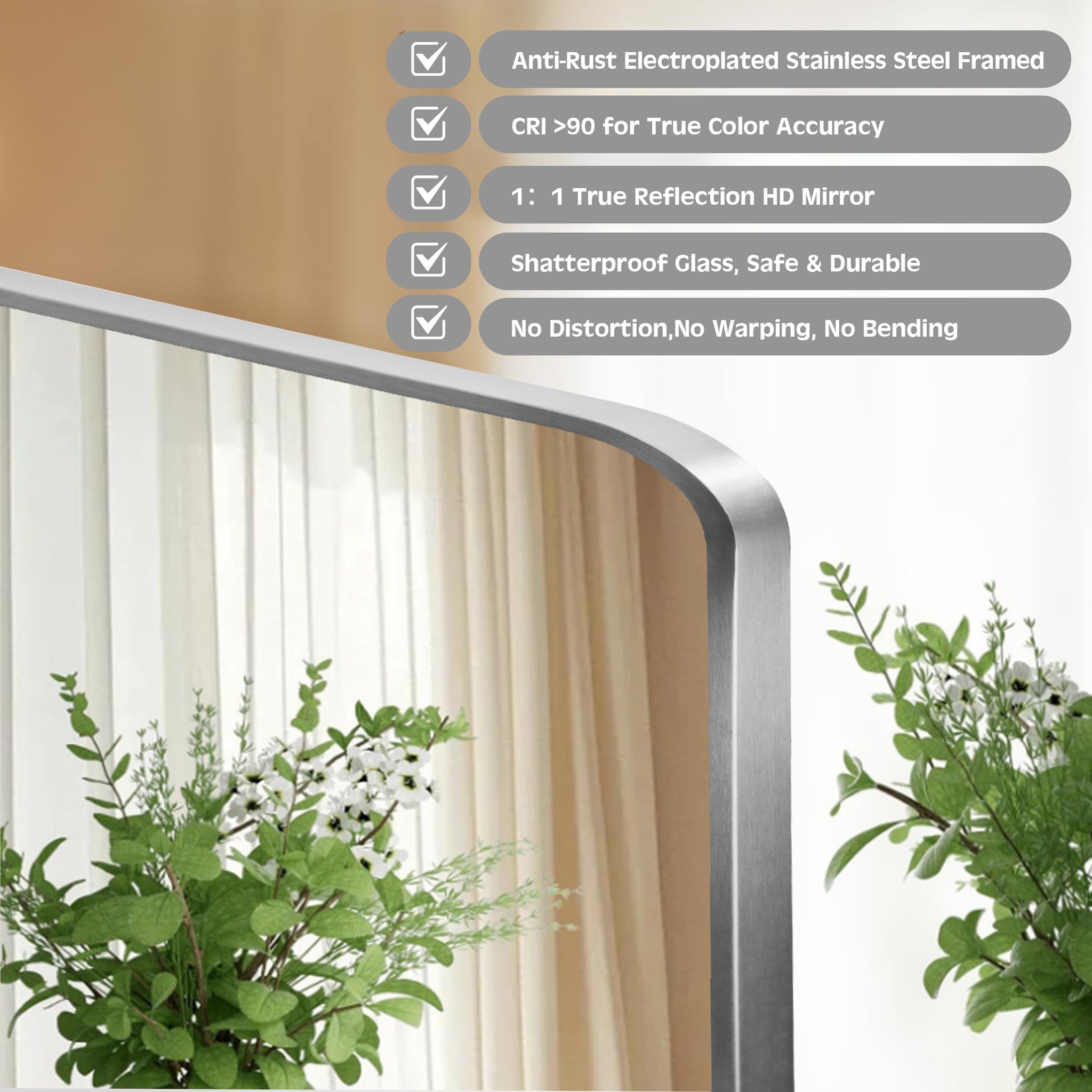 Contemporary Rounded Rectangular Bathroom Wall Mirror |Thicker Stainless Steel Framed
