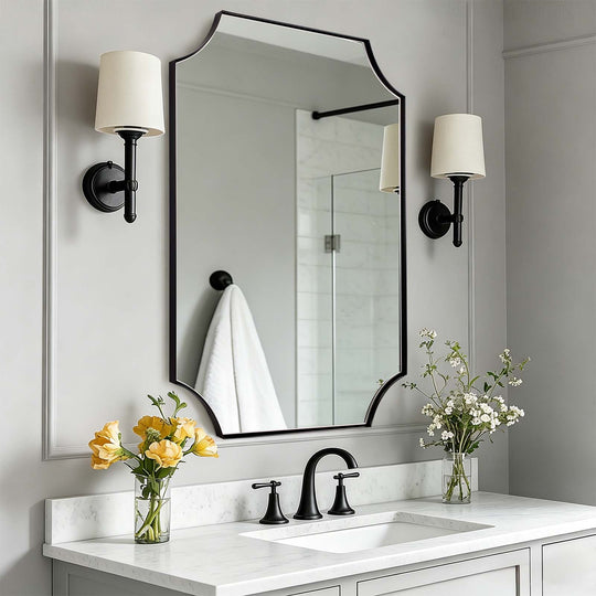 Contemporary Notched Corner Scalloped  Rectangle Bathroom Vanity Mirror | Stainless Steel Frame