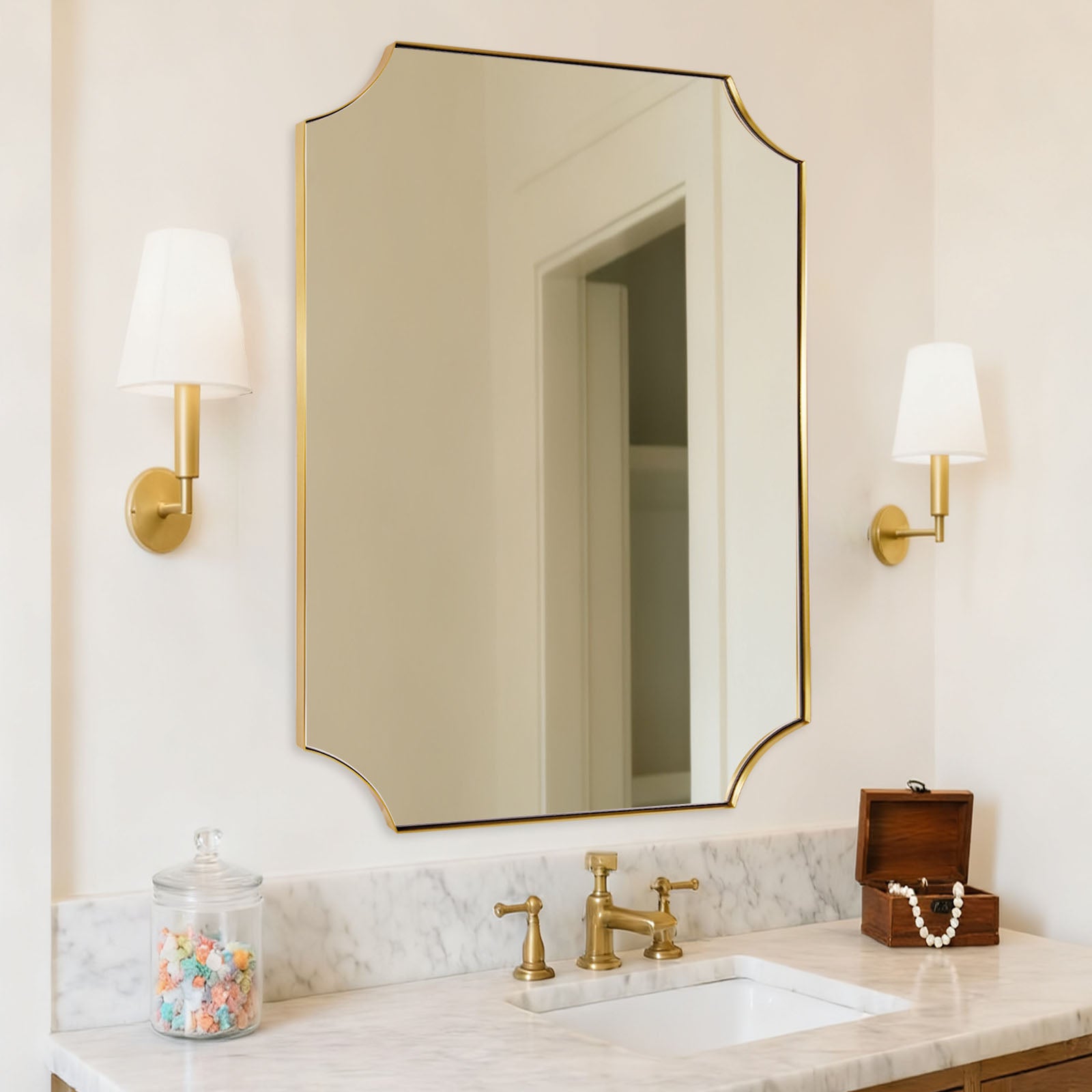 Contemporary Notched Corner Scalloped  Rectangle Bathroom Vanity Mirror | Stainless Steel Frame