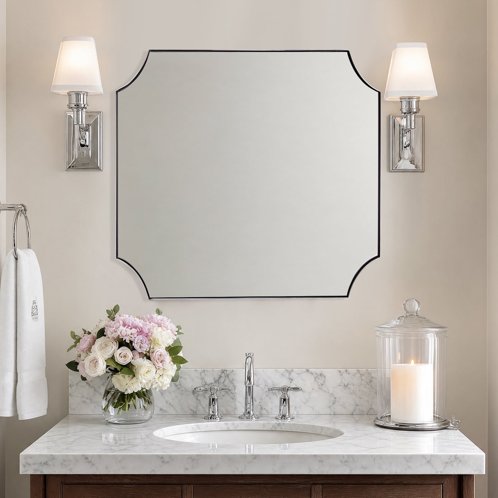 Contemporary Notched Corner Scalloped  Rectangle Bathroom Vanity Mirror | Stainless Steel Frame