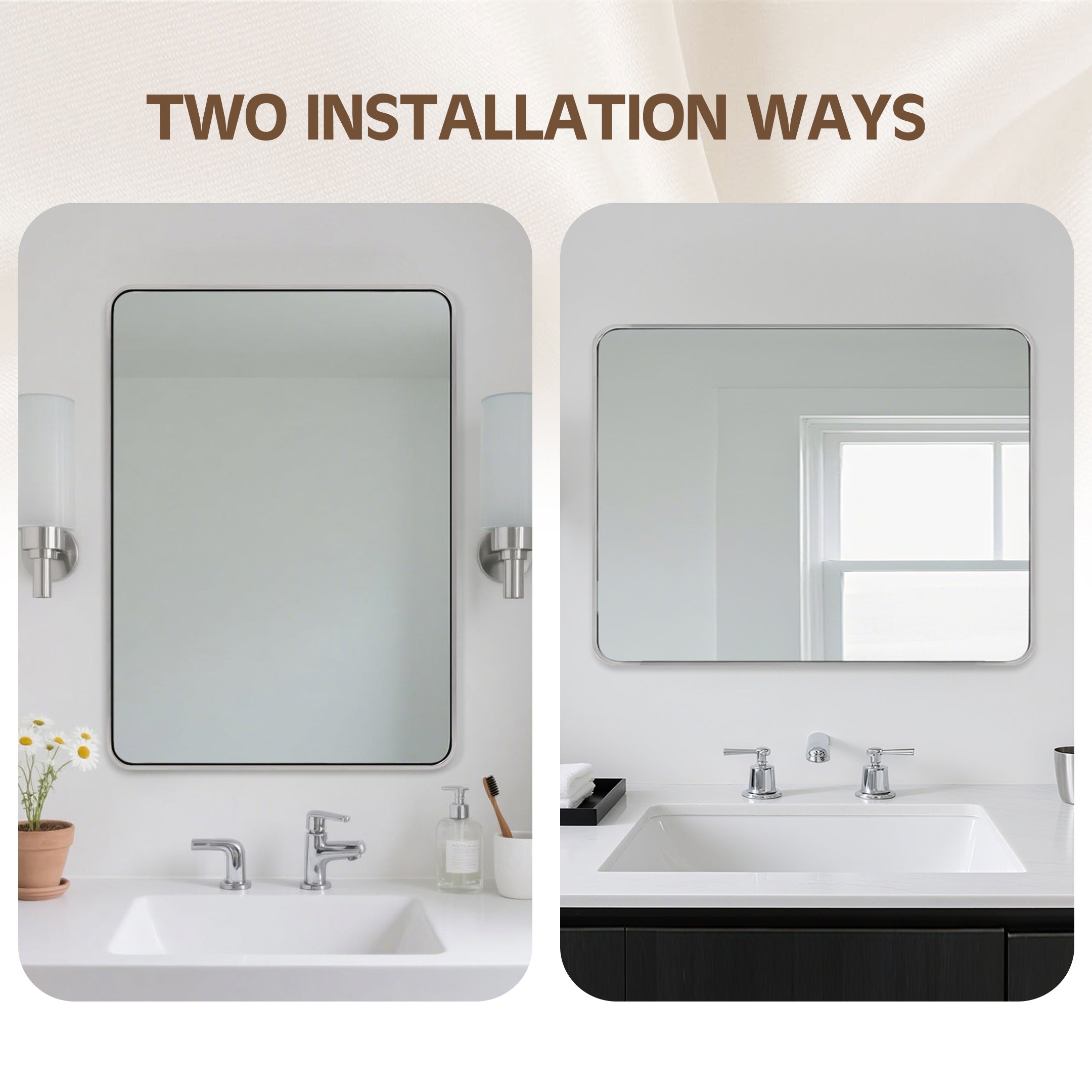 Modern Bold Stainless Steel Framed Rounded Rectangular Bathroom Wall Mirror