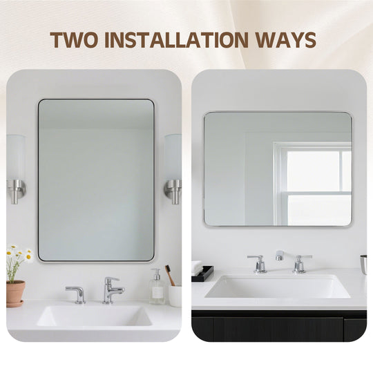 Modern Bold Stainless Steel Framed Rounded Rectangular Bathroom Wall Mirror