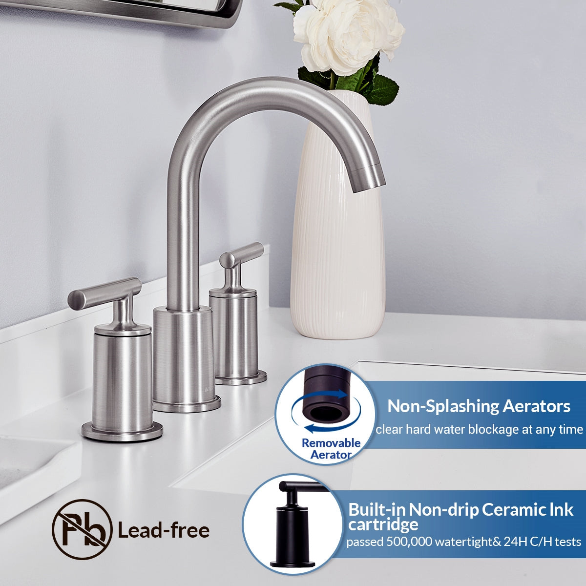 ANDY STAR  Bathroom Faucet 3 Hole, 360 Degree Swivel Spout Bathroom Sink Faucet with 2 Level Handle of Hot&Cold Water Control