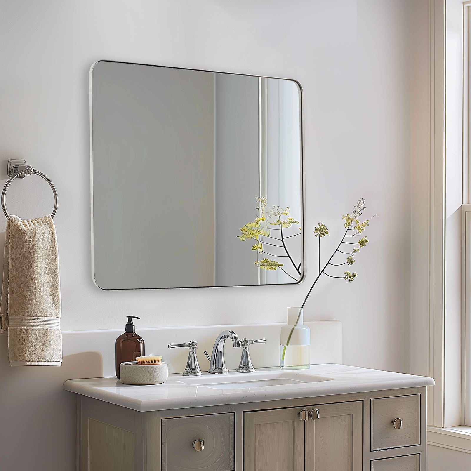 Modern Rounded Rectangle Mirror for Bathroom/ Vanity/ Wall | Stainless Steel Frame