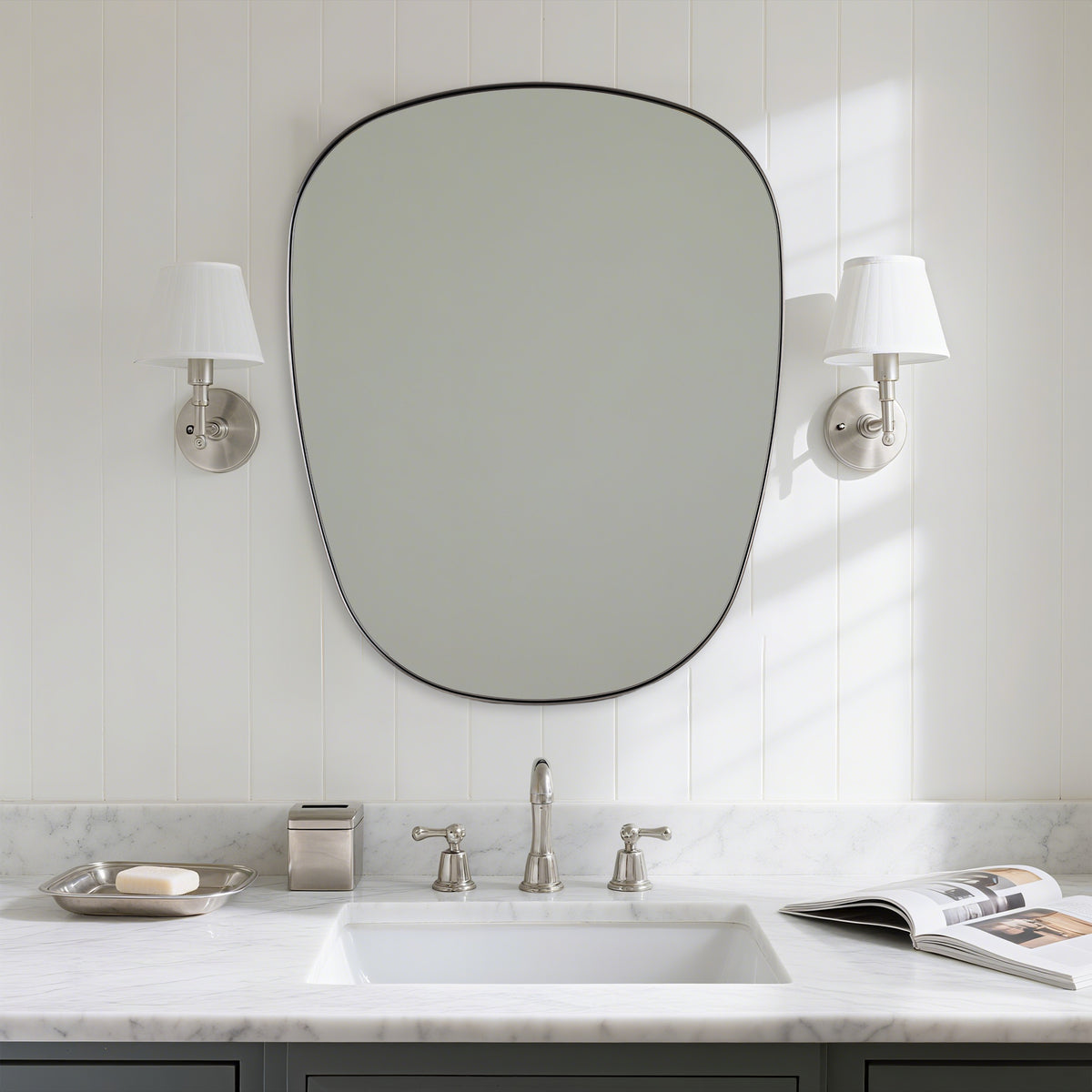 Contemporary Irregular Pebble Organic  Bathroom Wall Mirror Asymmetric Decorative Mirror | Stainless Steel Frame