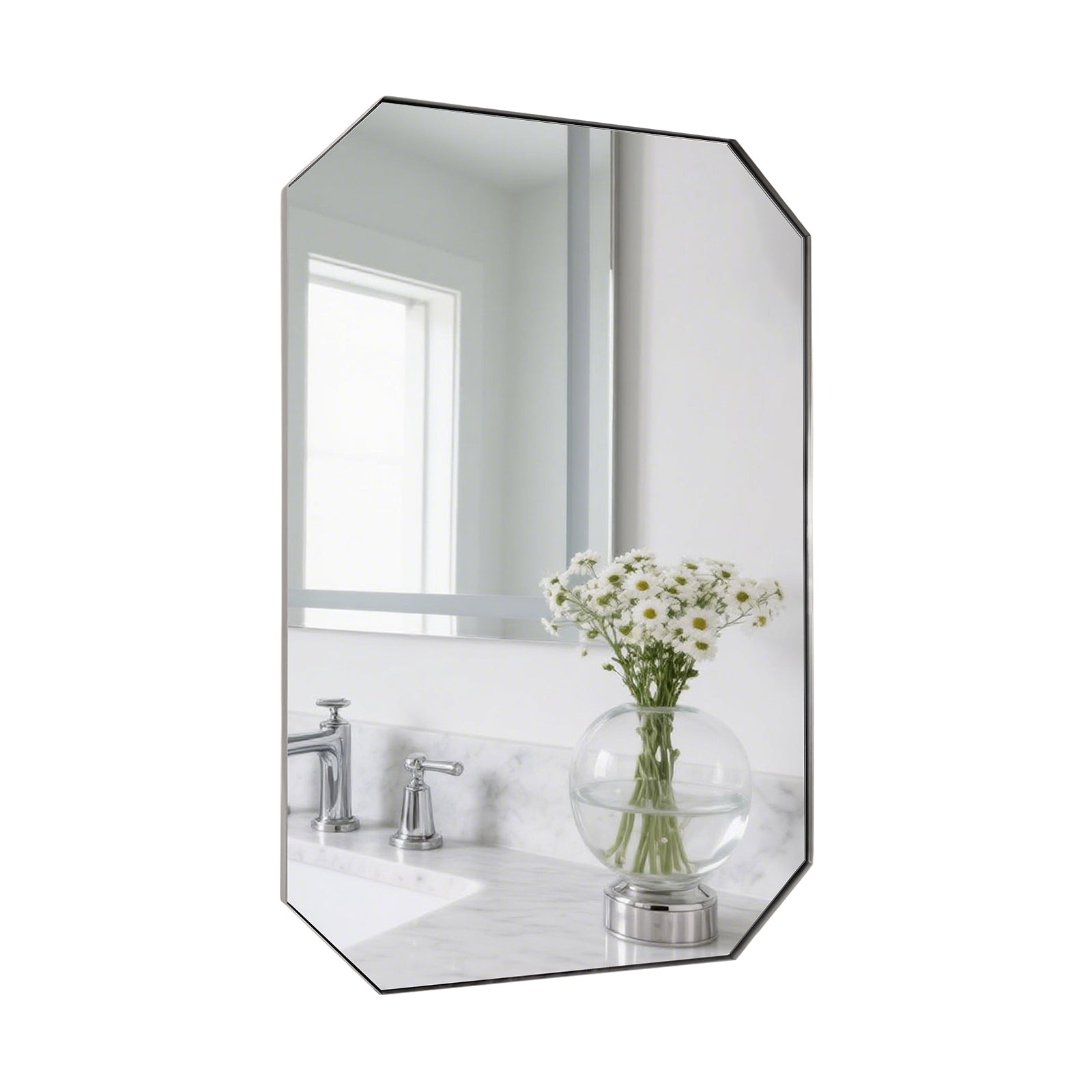 Contemporary Cut Corner Octagonal Scalloped Rectangle Mirror for Bathroom  |Stainless Steel Frame