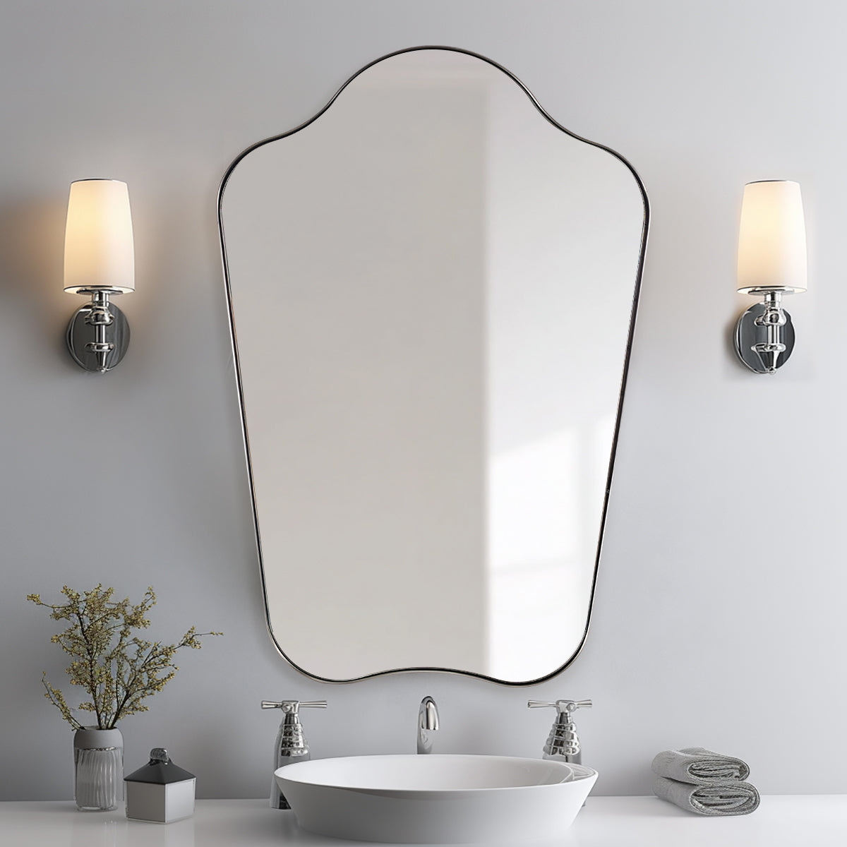 Contemporary Curved Top Arch Scalloped Bathroom Wall Mirror | Stainless Steel Frame