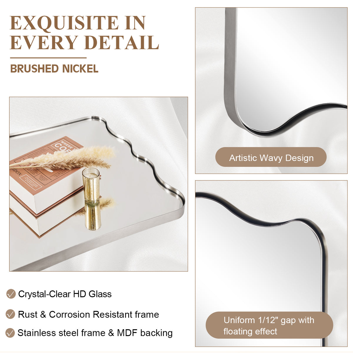 Contemporary Wavy Scalloped Rectangle Bathroom Mirror | Stainless Steel Frame