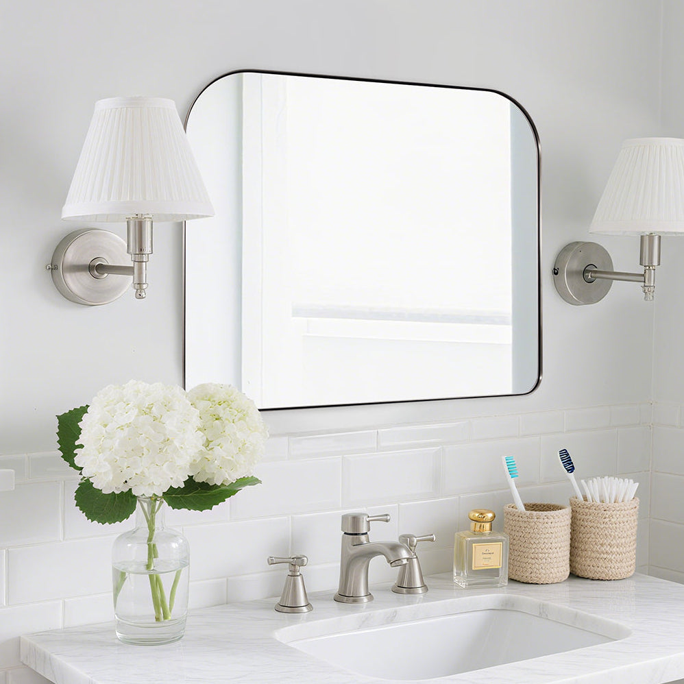 Modern Mantel Wide Arch Rectangle Bathroom Vanity  Mirror | Stainless Steel Frame
