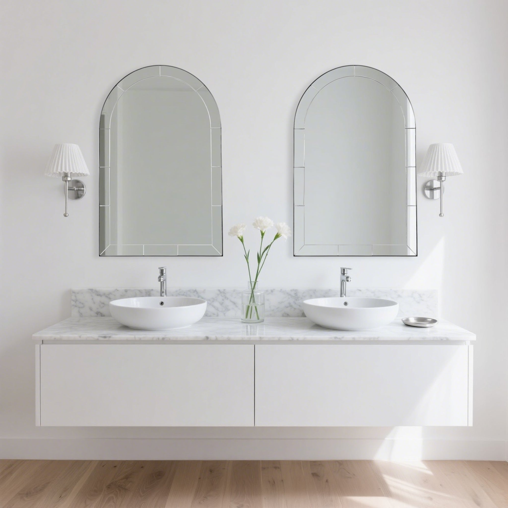 Minuette Glass Tile Edge Arched Mirror Bathroom Vanity Mirror | Stainless Steel Frame