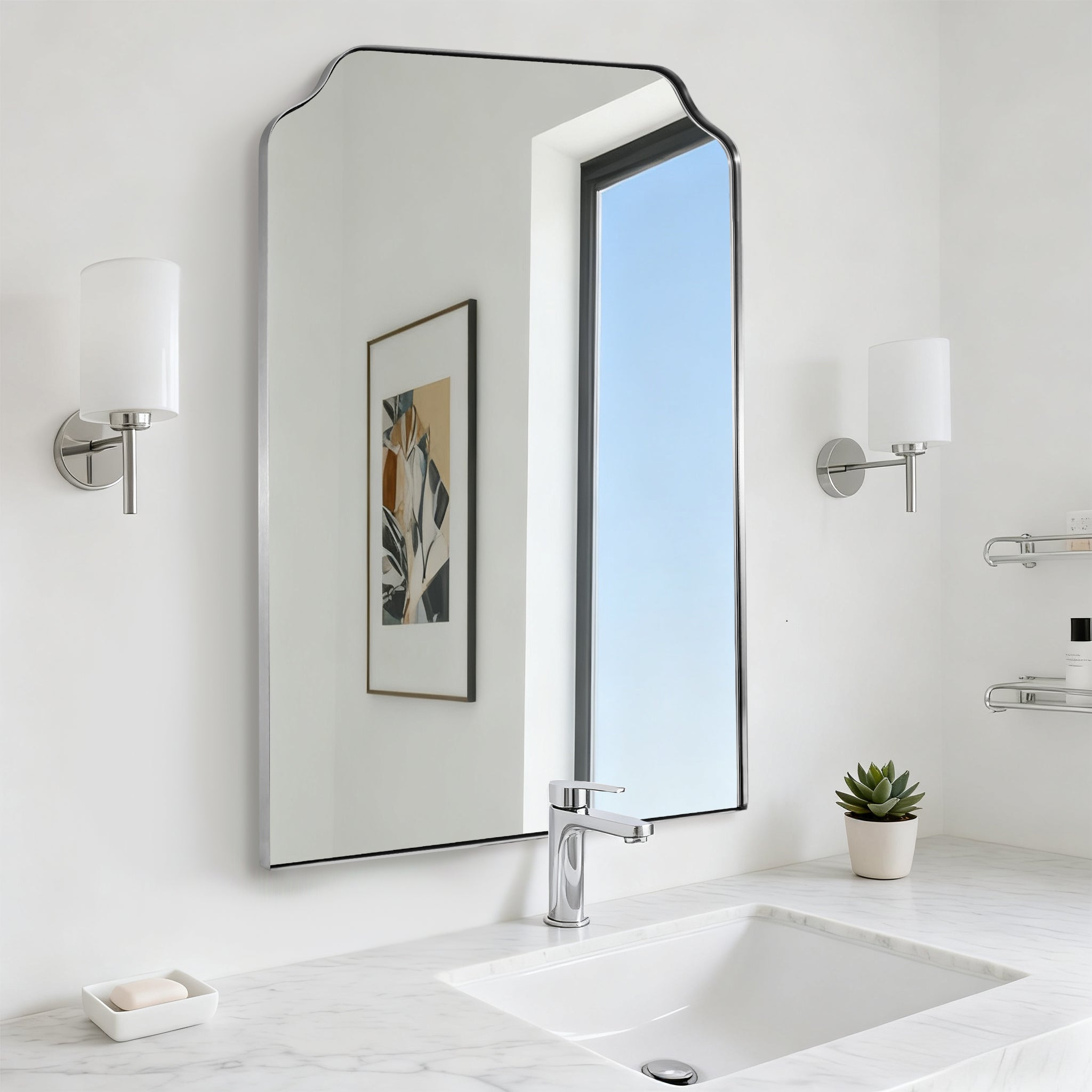 Modern Top Notched Corner Scalloped Bathroom Rectangle Vanity Wall Mirror | Stainless Steel Frame