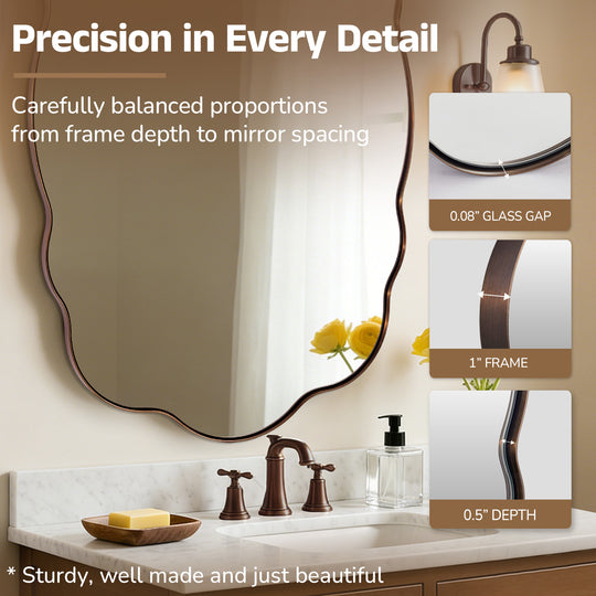 Contemporary Wavy Oval Scalloped Bathroom Vanity Mirror  Irregular Organic Mirror| Stainless Steel Framed