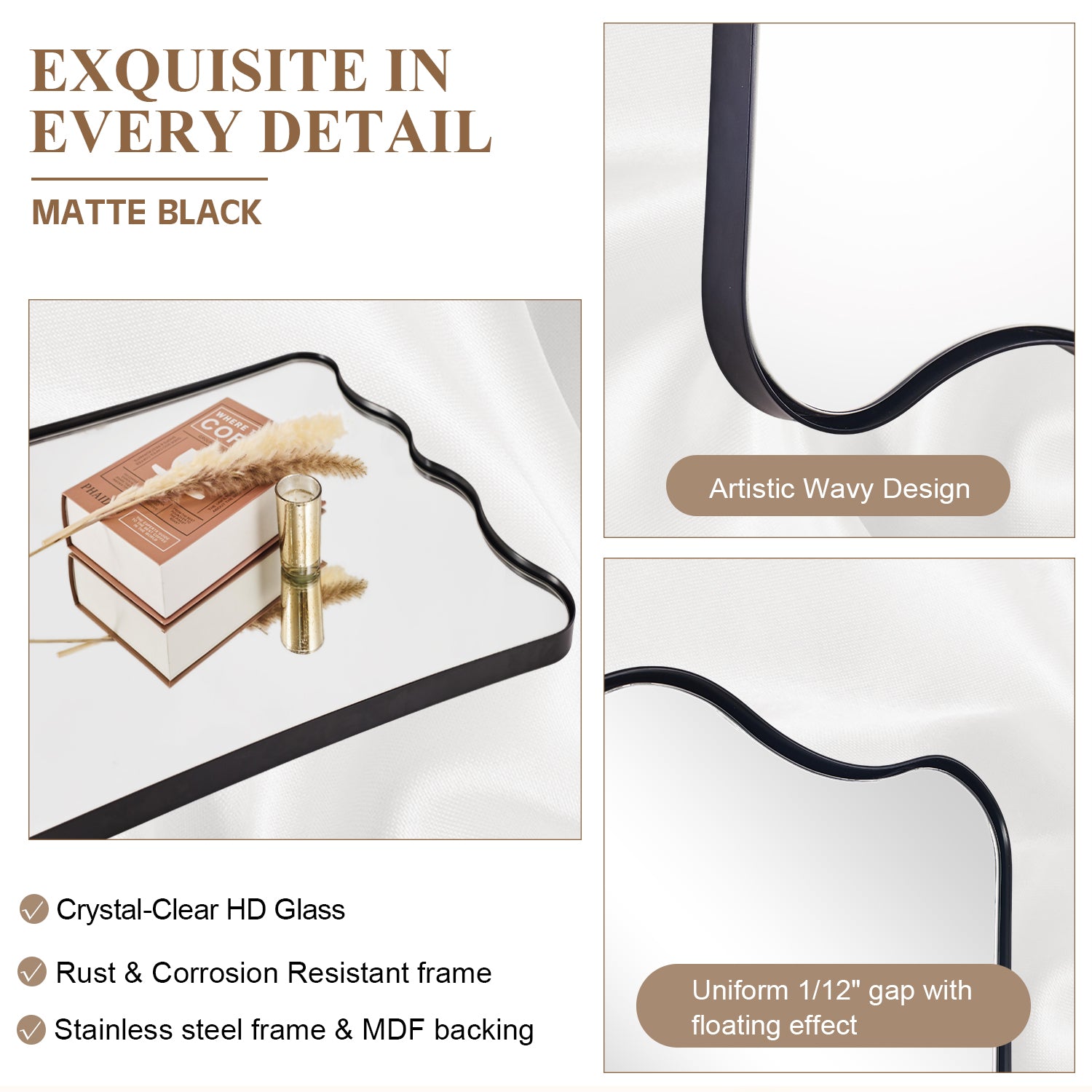 Contemporary Wavy Scalloped Rectangle Mirror Decorative Bathroom Mirror | Stainless Steel Frame