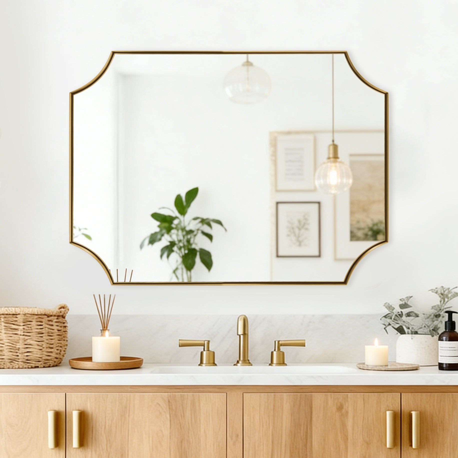 Contemporary Notched Corner Scalloped  Rectangle Bathroom Vanity Mirror | Stainless Steel Frame