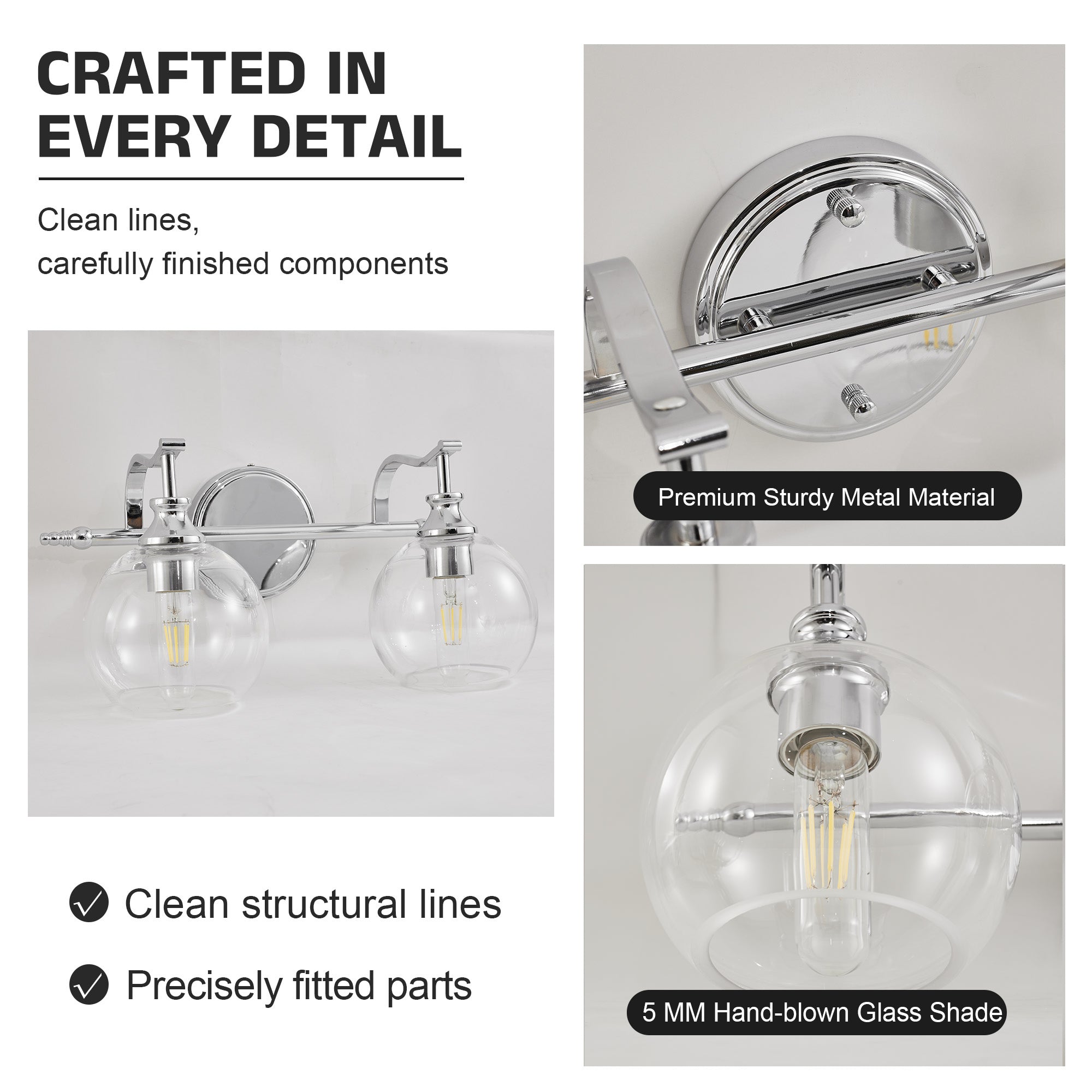 Modern Clear Globe Glass Shade Metal Crank Frame Bathroom Sconces