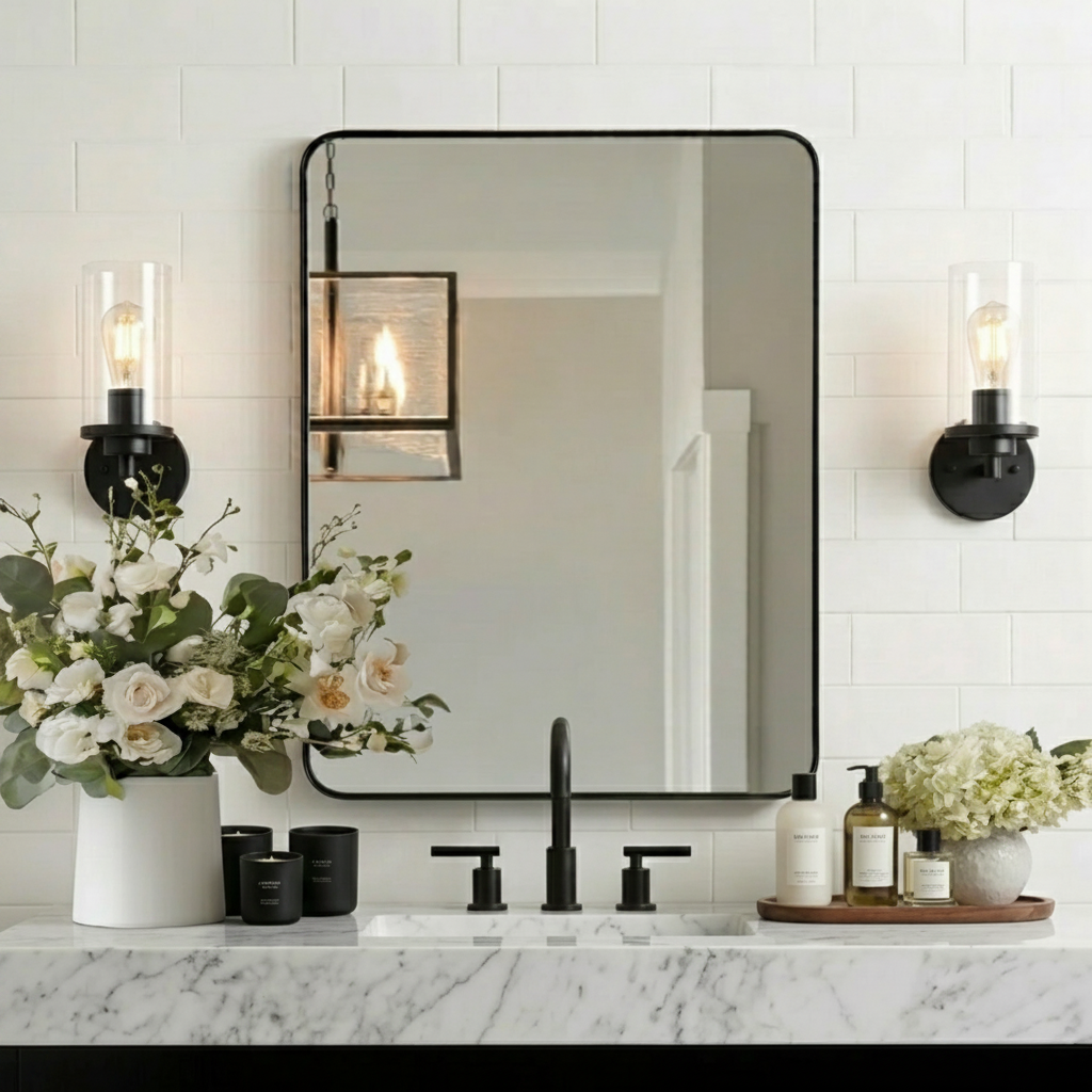 Modern Rounded Rectangle Mirror for Bathroom/ Vanity/ Wall | Stainless Steel Frame