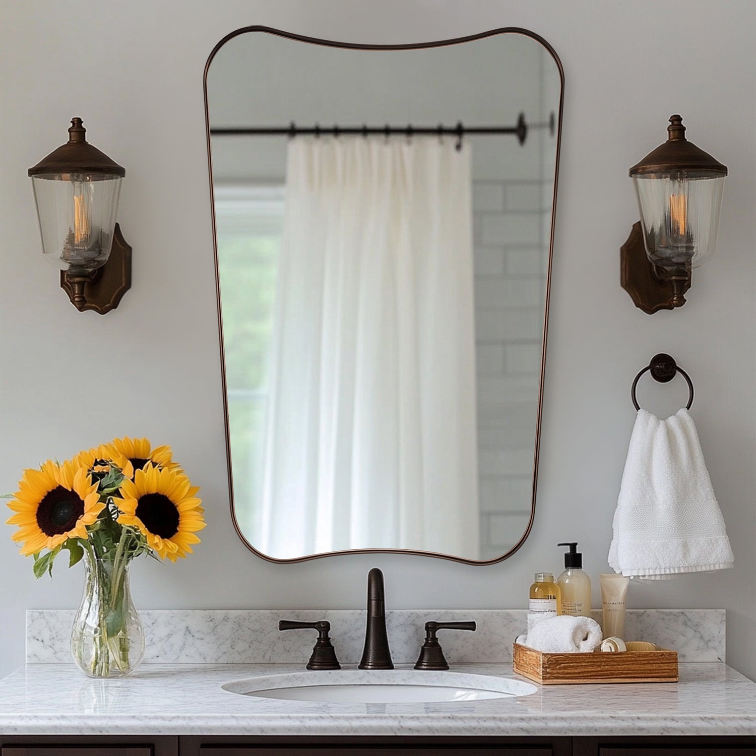 Contemporary Concave Scalloped Irregular Wall Mirror for Bathroom  |Stainless Steel Frame