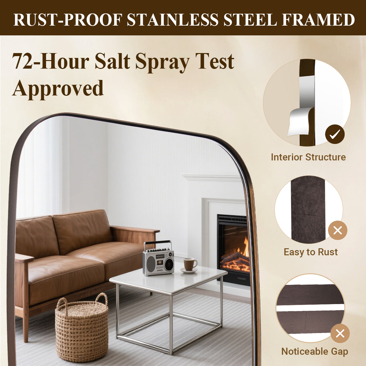 Modern Oblong Bathroom Mirror Long Oval Mirror | Stainless Steel Frame