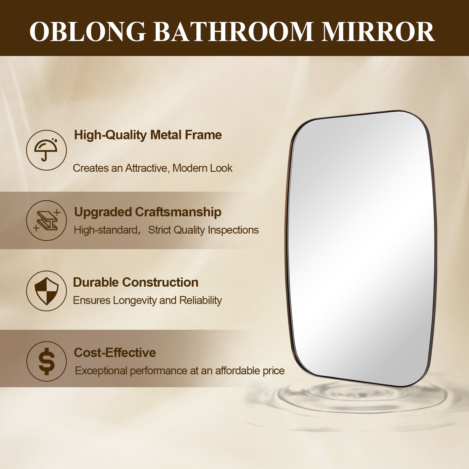 Modern Oblong Bathroom Mirror Long Oval Mirror | Stainless Steel Frame