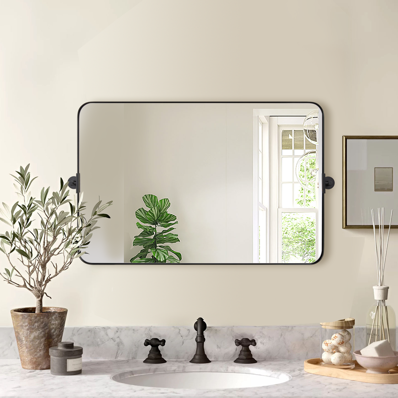 Open Box Like New: Modern Tilting Pivot Bathroom Mirror Rounded Rectangle Vanity Mirror Matte Black Metal Framed Adjustable Swivel Wall Mirror