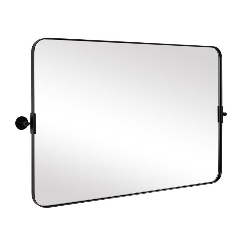 Open Box Like New: Modern Tilting Pivot Bathroom Mirror Rounded Rectangle Vanity Mirror Matte Black Metal Framed Adjustable Swivel Wall Mirror