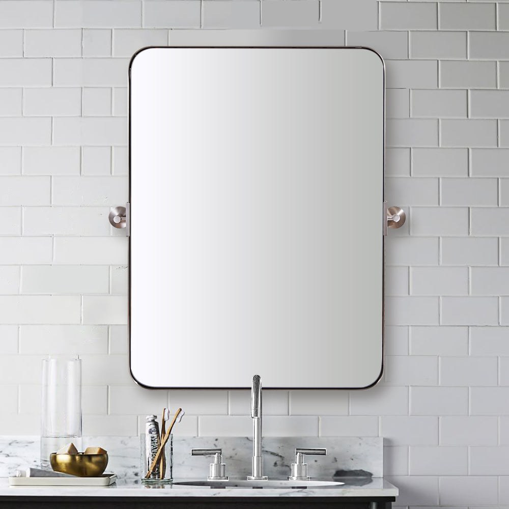 Modern Tilting Pivot Mirror for Bathroom Vanity Rounded Rectangle Mirror Adjustable Swivel Wall Mirror| Stainless Steel Frame Mounted Vertically#color_polished chrome