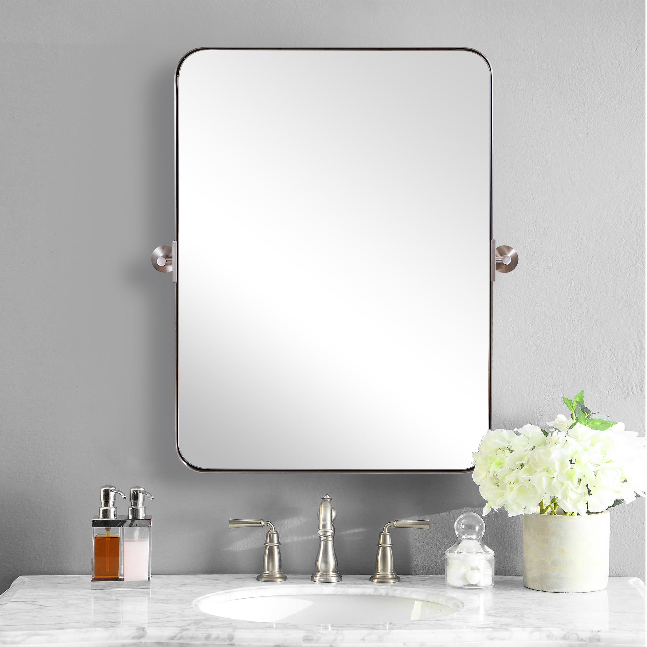 Modern Tilting Pivot Mirror for Bathroom Vanity Rounded Rectangle Mirror Adjustable Swivel Wall Mirror| Stainless Steel Frame Mounted Vertically#color_polished chrome